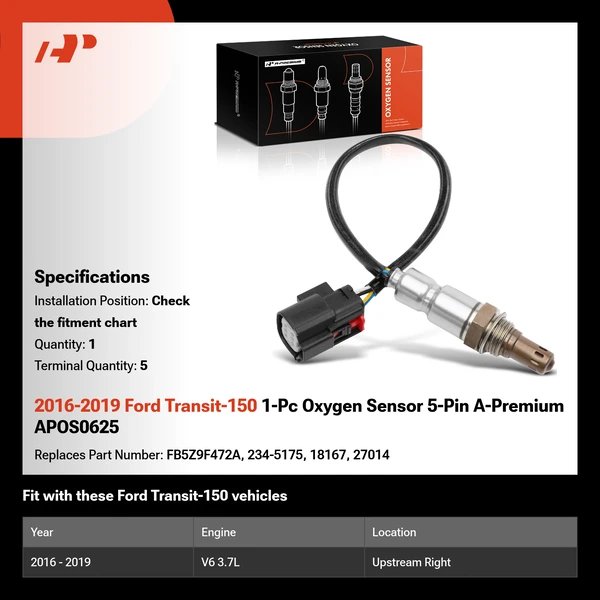 2016-2019 Ford Transit-150 1-Pc Oxygen Sensor 5-Pin A-Premium APOS0625