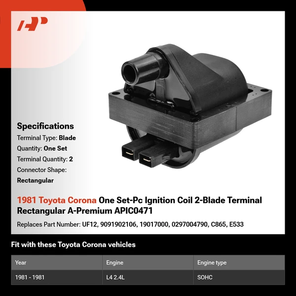 1981 Toyota Corona One Set-Pc Ignition Coil 2-Blade Terminal Rectangular A-Premium APIC0471