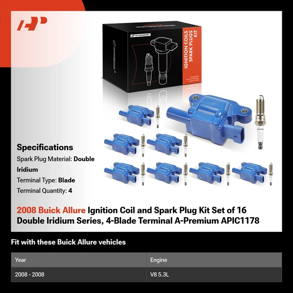 2008 Buick Allure Ignition Coil and Spark Plug Kit Set of 16 Double Iridium Series, 4-Blade Terminal A-Premium APIC1178