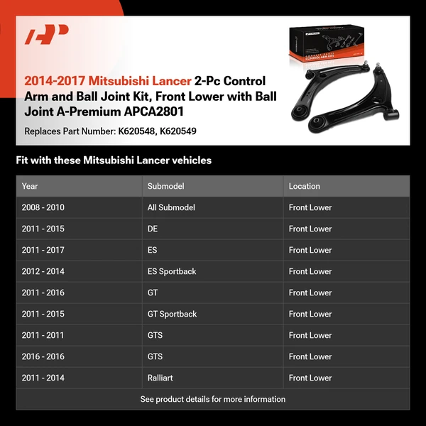 2014-2017 Mitsubishi Lancer 2-Pc Control Arm and Ball Joint Kit, Front Lower with Ball Joint A-Premium APCA2801