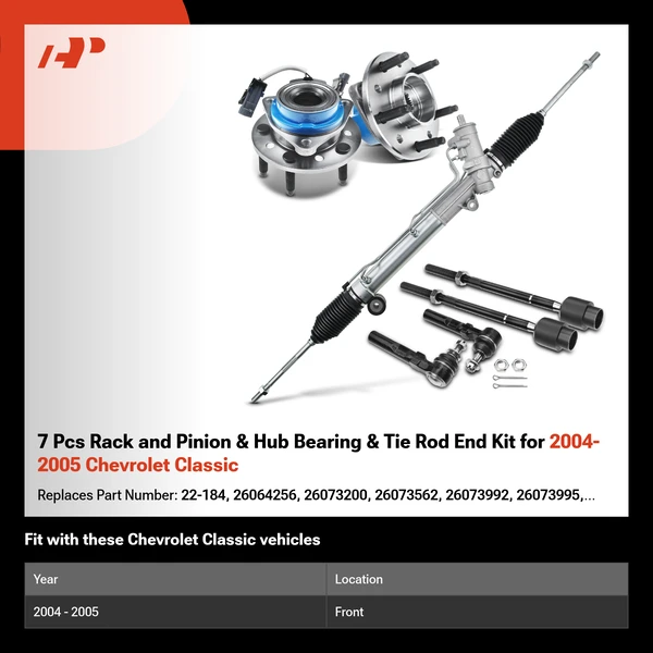 7 Pcs Rack and Pinion & Hub Bearing & Tie Rod End Kit for 2004-2005 Chevrolet Classic
