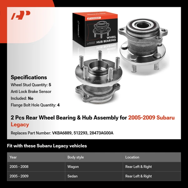 2 Pcs Rear Wheel Bearing & Hub Assembly for 2005-2009 Subaru Legacy