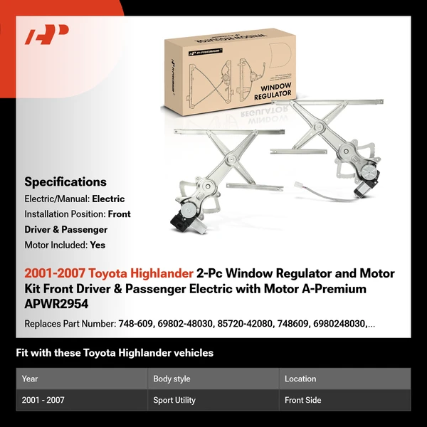 2001-2007 Toyota Highlander 2-Pc Window Regulator and Motor Kit Front Driver & Passenger Electric with Motor A-Premium APWR2954