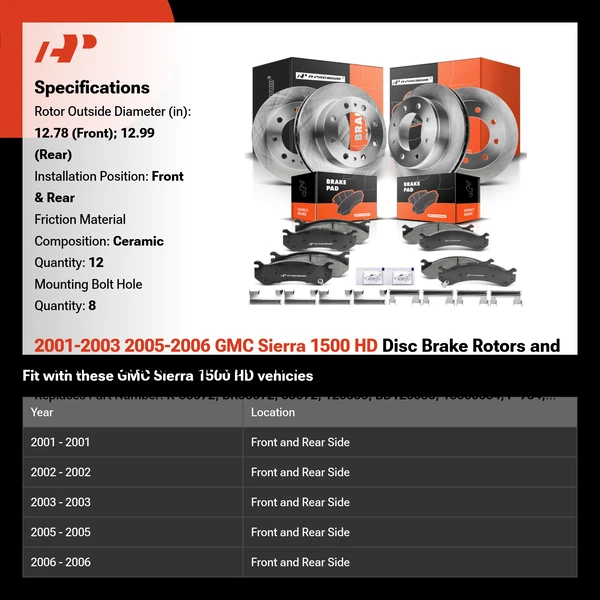 2001-2003 2005-2006 GMC Sierra 1500 HD Disc Brake Rotors and Ceramic Pads Kit, 12 Pcs, Front & Rear, A-Premium, APBRPR211