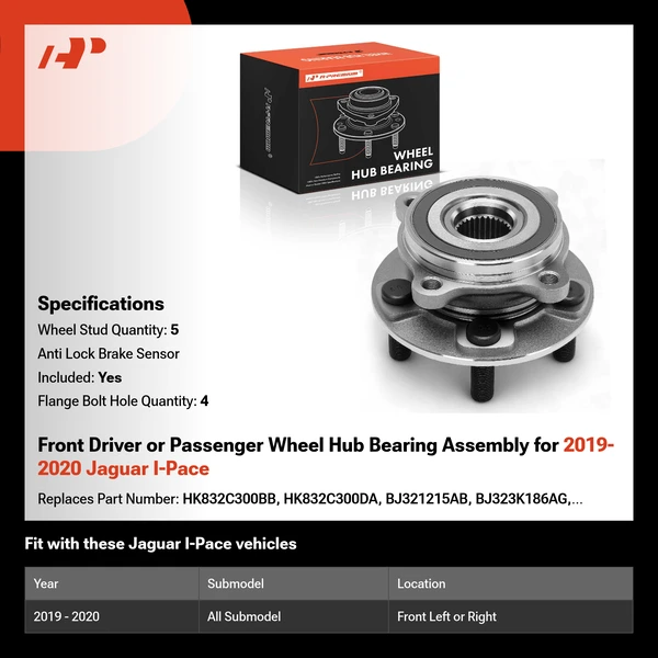 Front Driver or Passenger Wheel Hub Bearing Assembly for 2019-2020 Jaguar I-Pace