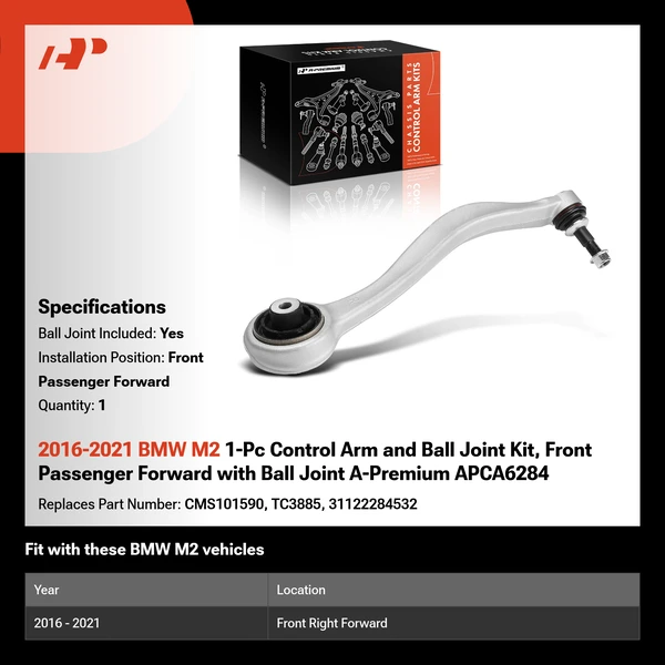 2016-2021 BMW M2 1-Pc Control Arm and Ball Joint Kit, Front Passenger Forward with Ball Joint A-Premium APCA6284