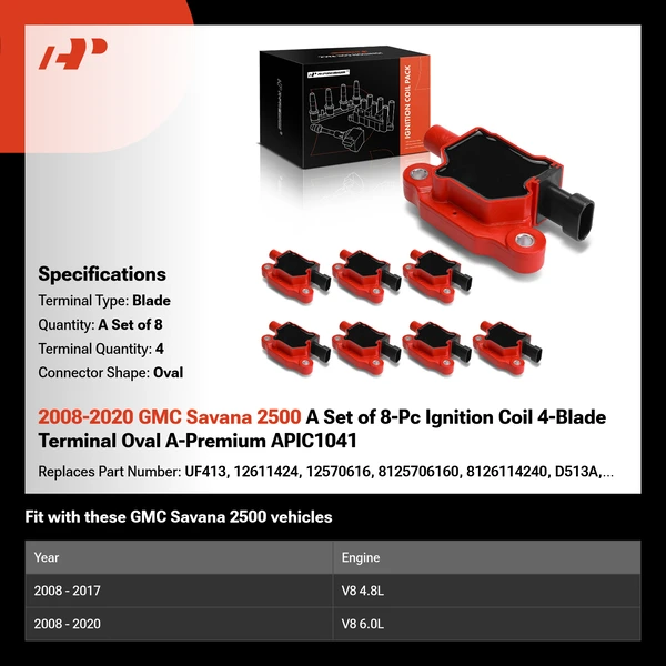 2008-2020 GMC Savana 2500 A Set of 8-Pc Ignition Coil 4-Blade Terminal Oval A-Premium APIC1041