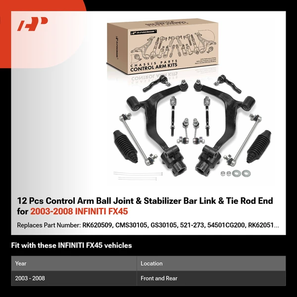 12 Pcs Control Arm Ball Joint & Stabilizer Bar Link & Tie Rod End for 2003-2008 INFINITI FX45