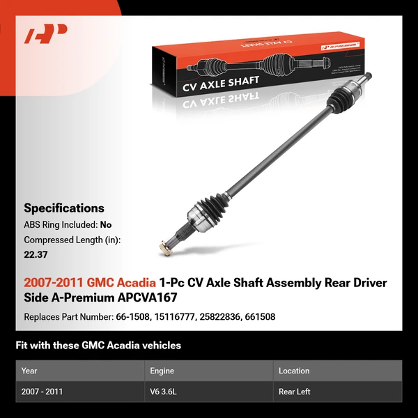 2007-2011 GMC Acadia 1-Pc CV Axle Shaft Assembly Rear Driver Side A-Premium APCVA167