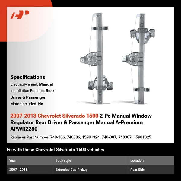 2007-2013 Chevrolet Silverado 1500 2-Pc Manual Window Regulator Rear Driver & Passenger Manual A-Premium APWR2280