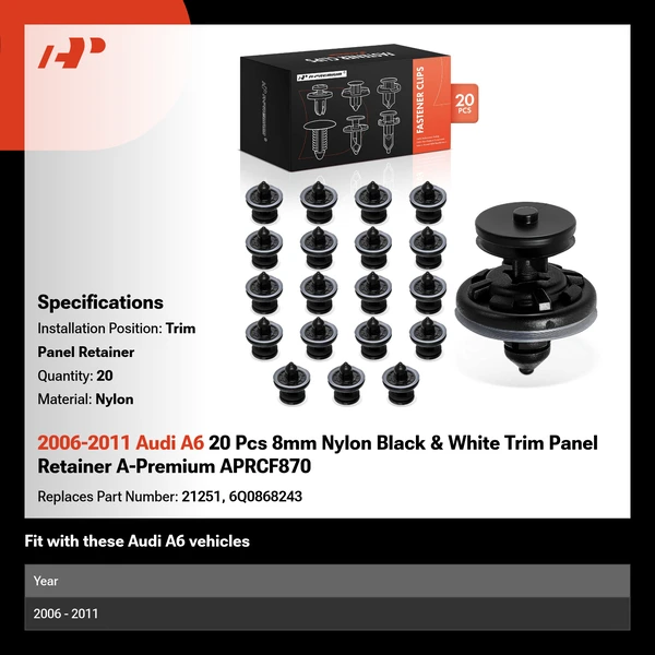 2006-2011 Audi A6 20 Pcs 8mm Nylon Black & White Trim Panel Retainer A-Premium APRCF870