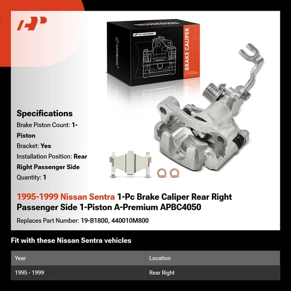 1995-1999 Nissan Sentra 1-Pc Brake Caliper Rear Right Passenger Side 1-Piston A-Premium APBC4050