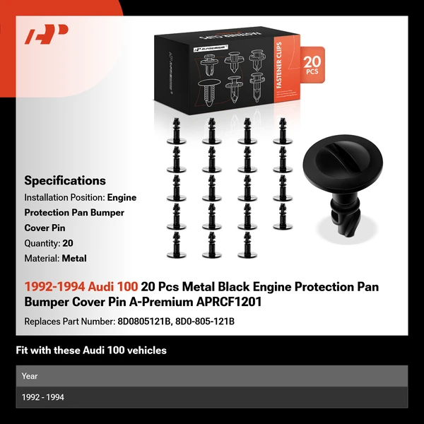 1992-1994 Audi 100 20 Pcs Metal Black Engine Protection Pan Bumper Cover Pin A-Premium APRCF1201