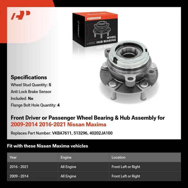 Front Driver or Passenger Wheel Bearing & Hub Assembly for 2009-2014 2016-2021 Nissan Maxima