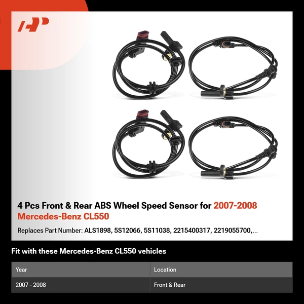4 Pcs Front & Rear ABS Wheel Speed Sensor for 2007-2008 Mercedes-Benz CL550