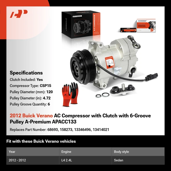 2012 Buick Verano AC Compressor with Clutch with 6-Groove Pulley A-Premium APACC133
