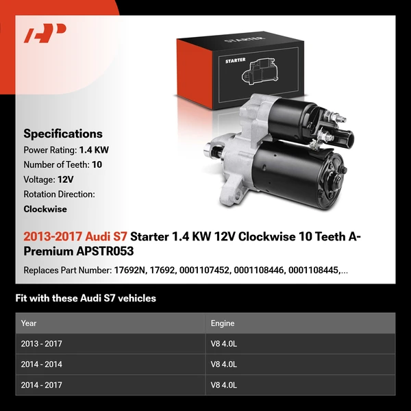 2013-2017 Audi S7 Starter 1.4 KW 12V Clockwise 10 Teeth A-Premium APSTR053