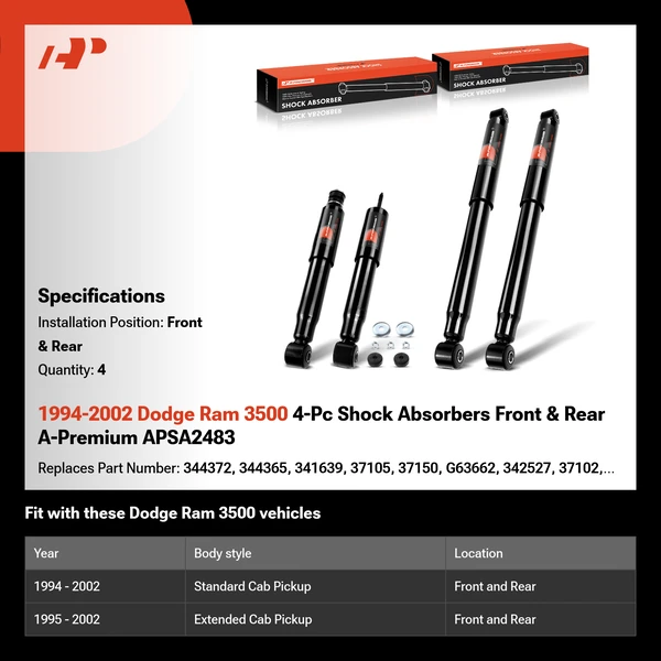 1994-2002 Dodge Ram 3500 4-Pc Shock Absorbers Front & Rear A-Premium APSA2483