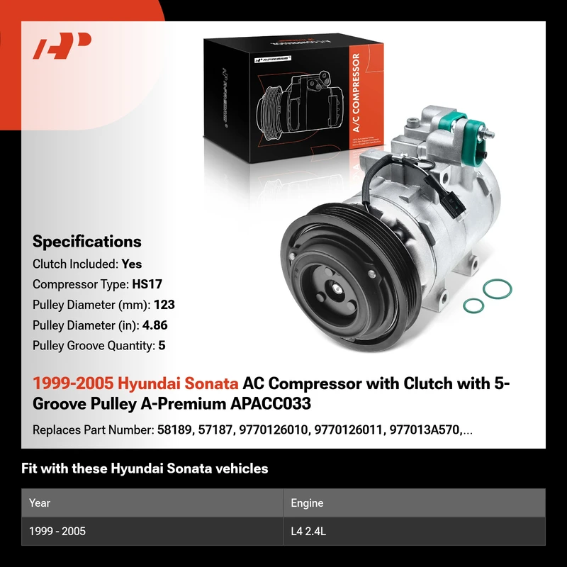 1999-2005 Hyundai Sonata AC Compressor with Clutch with 5-Groove Pulley A-Premium APACC033