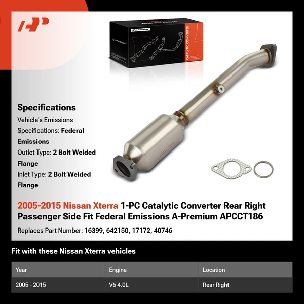2005-2015 Nissan Xterra 1-PC Catalytic Converter Rear Right Passenger Side Fit Federal Emissions A-Premium APCCT186
