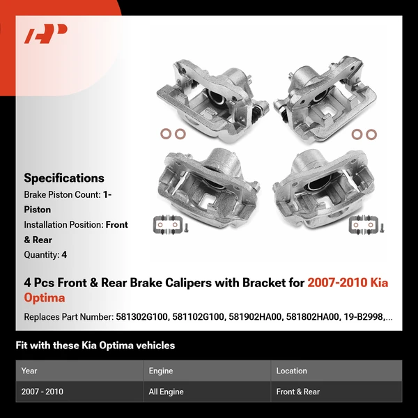 4 Pcs Front & Rear Brake Calipers with Bracket for 2007-2010 Kia Optima