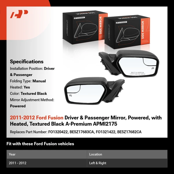 2011-2012 Ford Fusion Driver & Passenger Mirror, Powered, with Heated, Textured Black A-Premium APMI2175