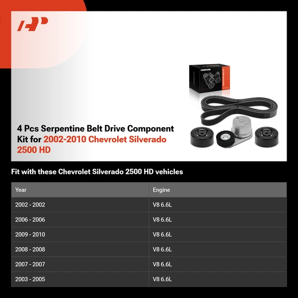 4 Pcs Serpentine Belt Drive Component Kit for 2002-2010 Chevrolet Silverado 2500 HD