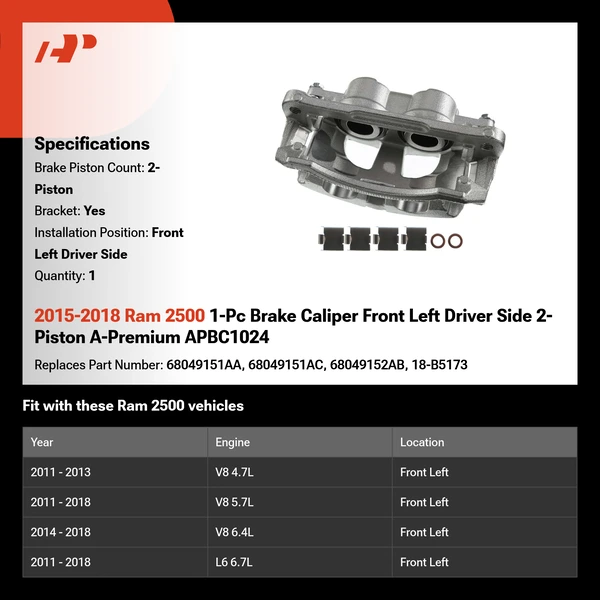 2015-2018 Ram 2500 1-Pc Brake Caliper Front Left Driver Side 2-Piston A-Premium APBC1024