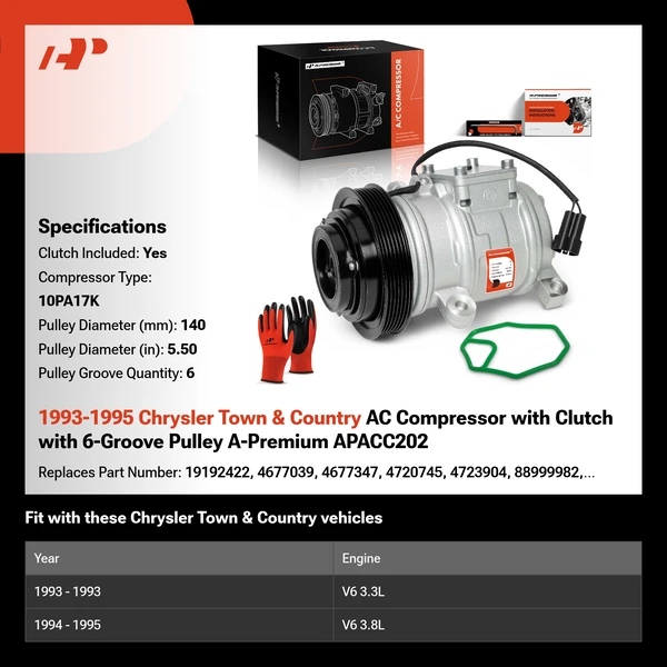 1993-1995 Chrysler Town & Country AC Compressor with Clutch with 6-Groove Pulley A-Premium APACC202