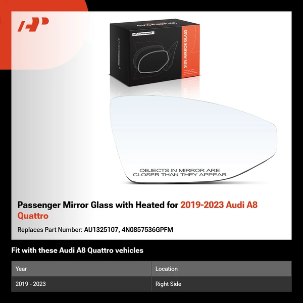 Passenger Mirror Glass with Heated for 2019-2023 Audi A8 Quattro
