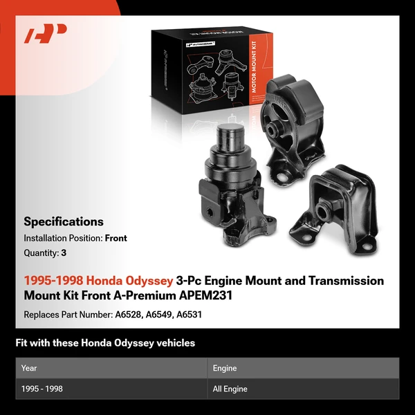 1995-1998 Honda Odyssey 3-Pc Engine Mount and Transmission Mount Kit Front A-Premium APEM231