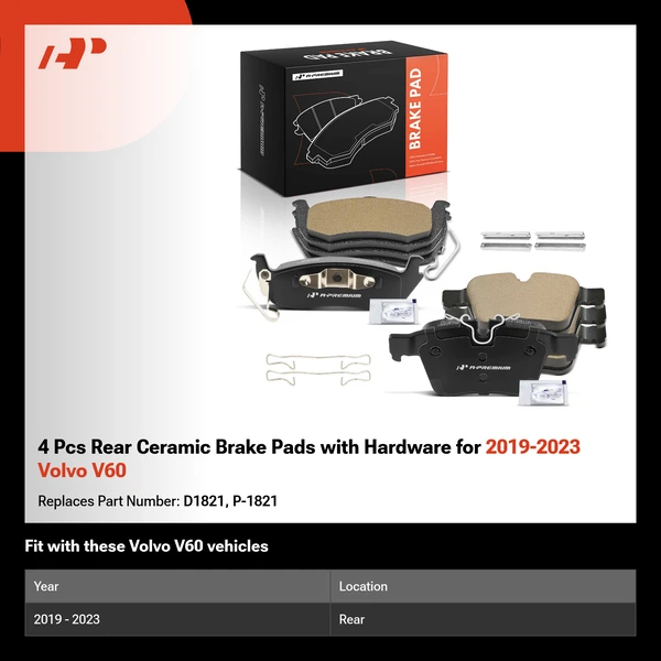 4 Pcs Rear Ceramic Brake Pads with Hardware for 2019-2023 Volvo V60