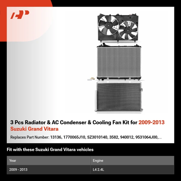 3 Pcs Radiator & AC Condenser & Cooling Fan Kit for 2009-2013 Suzuki Grand Vitara