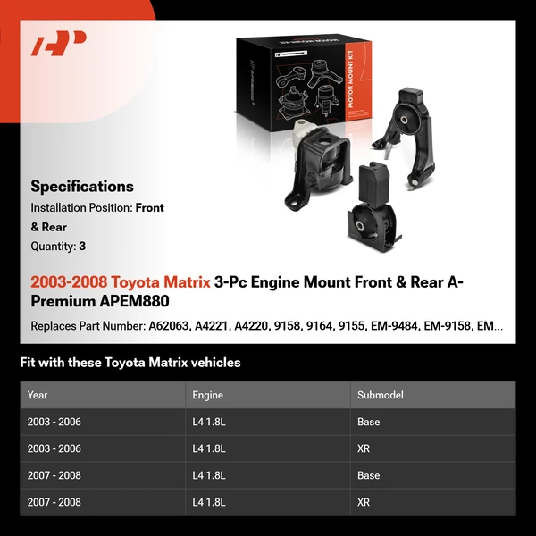 2003-2008 Toyota Matrix 3-Pc Engine Mount Front & Rear A-Premium APEM880