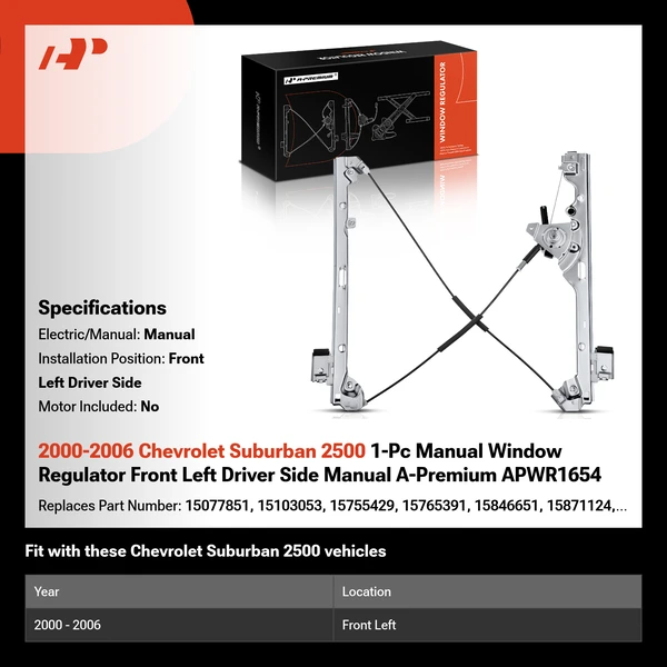 2000-2006 Chevrolet Suburban 2500 1-Pc Manual Window Regulator Front Left Driver Side Manual A-Premium APWR1654