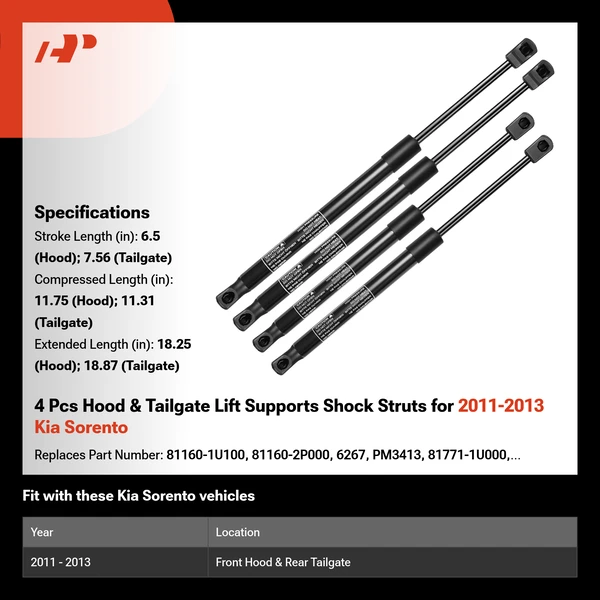 4 Pcs Hood & Tailgate Lift Supports Shock Struts for 2011-2013 Kia Sorento