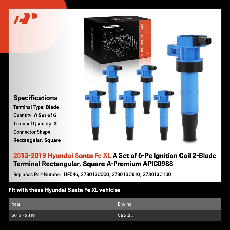 2013-2019 Hyundai Santa Fe XL A Set of 6-Pc Ignition Coil 2-Blade Terminal Rectangular, Square A-Premium APIC0988