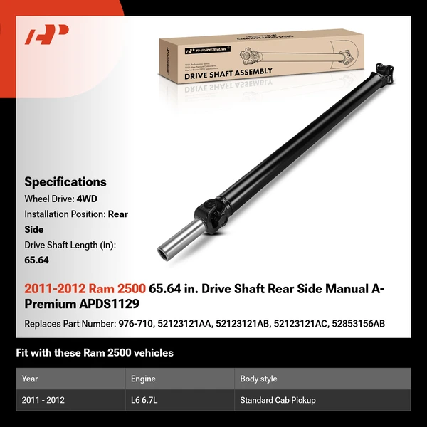 2011-2012 Ram 2500 65.64 in. Drive Shaft Rear Side Manual A-Premium APDS1129