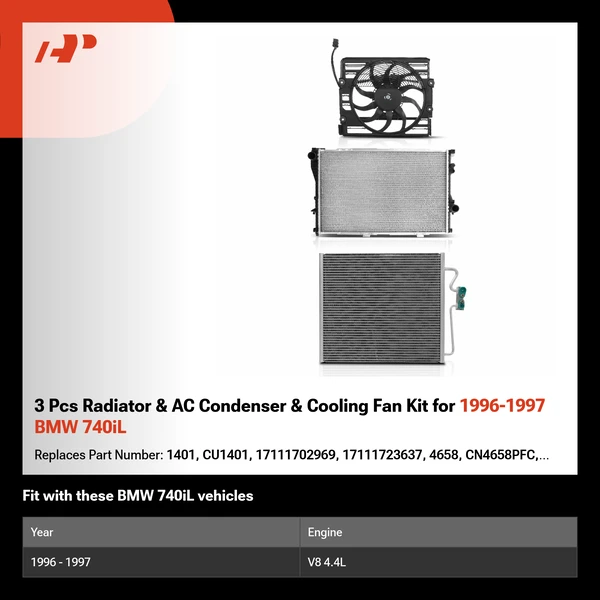 3 Pcs Radiator & AC Condenser & Cooling Fan Kit for 1996-1997 BMW 740iL