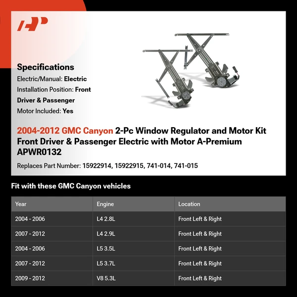 2004-2012 GMC Canyon 2-Pc Window Regulator and Motor Kit Front Driver & Passenger Electric with Motor A-Premium APWR0132