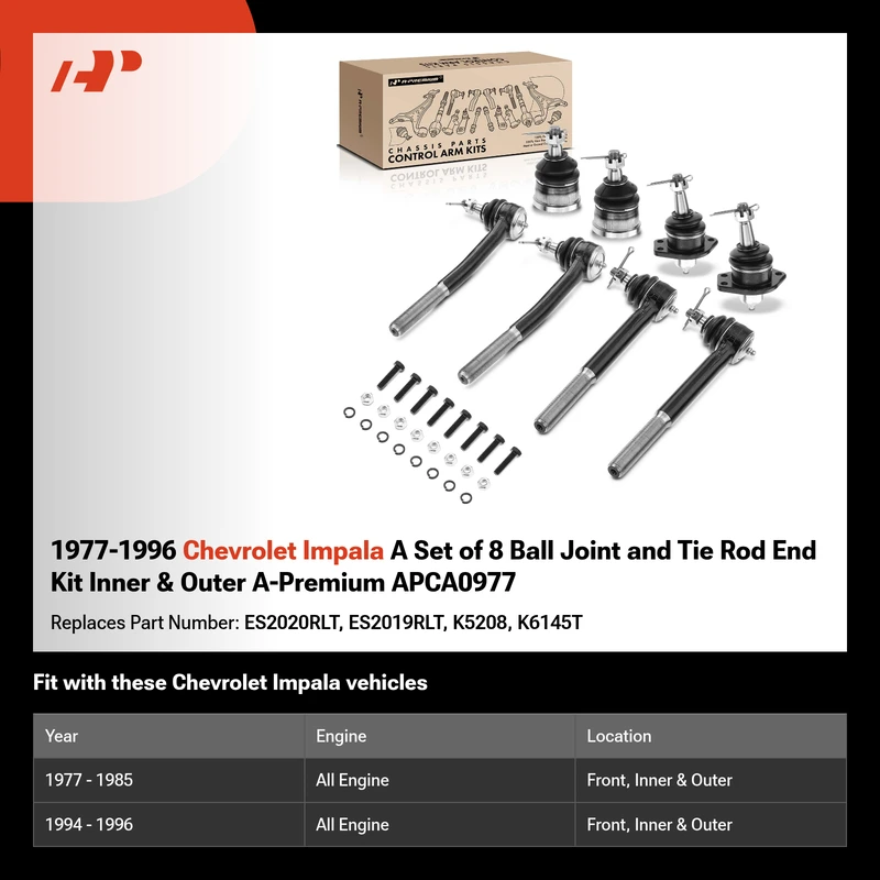 1977-1996 Chevrolet Impala A Set of 8 Ball Joint and Tie Rod End Kit Inner & Outer A-Premium APCA0977