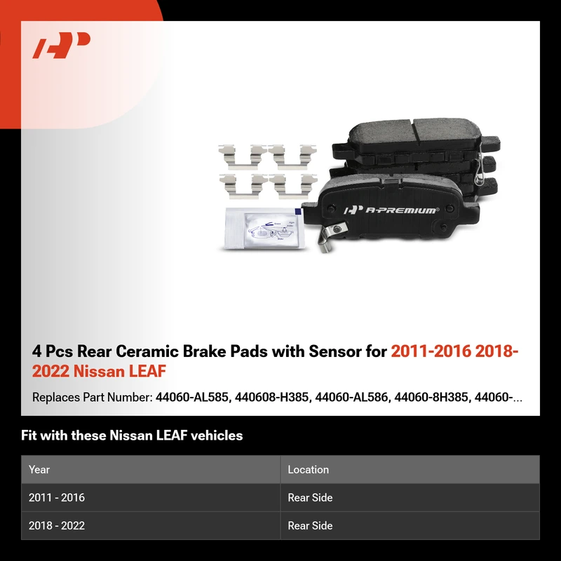 4 Pcs Rear Ceramic Brake Pads with Sensor for 2011-2016 2018-2022 Nissan LEAF