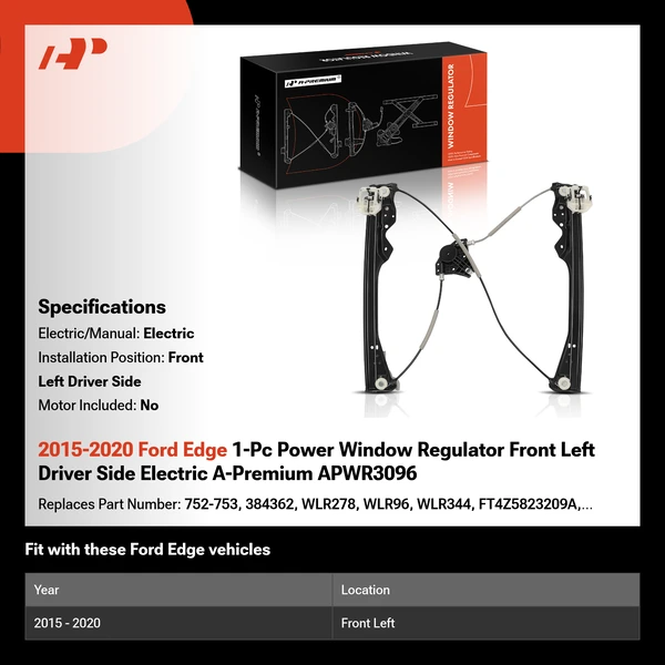 2015-2020 Ford Edge 1-Pc Power Window Regulator Front Left Driver Side Electric A-Premium APWR3096