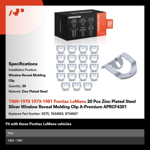 1969-1970 1973-1981 Pontiac LeMans 20 Pcs Zinc Plated Steel Silver Window Reveal Molding Clip A-Premium APRCF4301