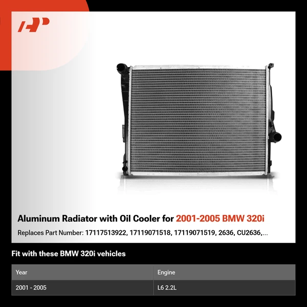 Aluminum Radiator with Oil Cooler for 2001-2005 BMW 320i