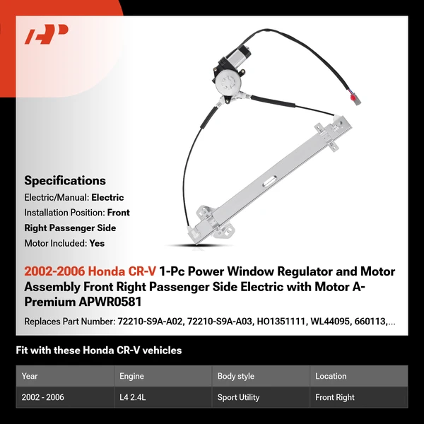 2002-2006 Honda CR-V 1-Pc Power Window Regulator and Motor Assembly Front Right Passenger Side Electric with Motor A-Premium APWR0581