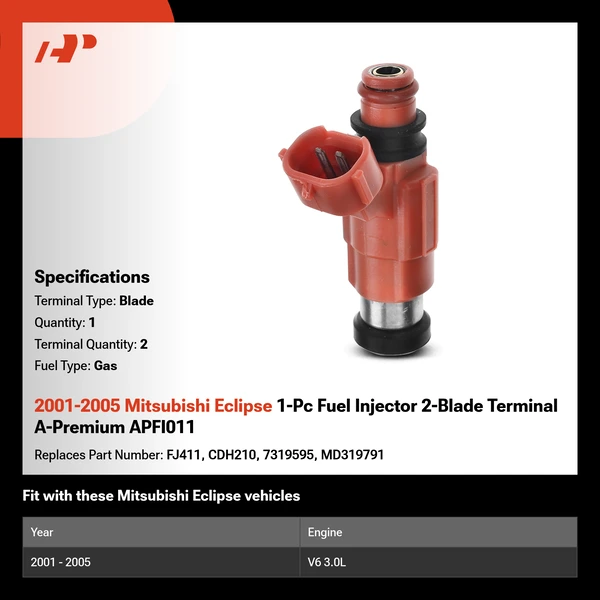 2001-2005 Mitsubishi Eclipse 1-Pc Fuel Injector 2-Blade Terminal A-Premium APFI011