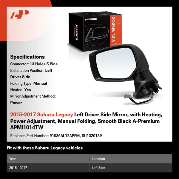 2015-2017 Subaru Legacy Left Driver Side Mirror, with Heating, Power Adjustment, Manual Folding, Smooth Black A-Premium APMI1014TW