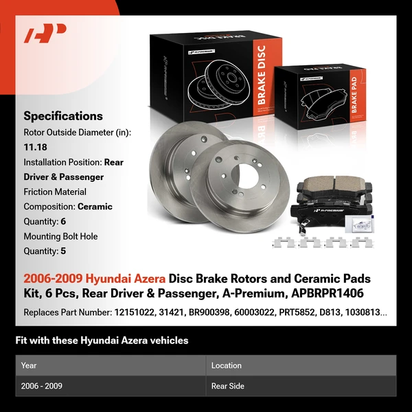 2006-2009 Hyundai Azera Disc Brake Rotors and Ceramic Pads Kit, 6 Pcs, Rear Driver & Passenger, A-Premium, APBRPR1406
