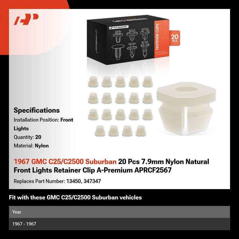1967 GMC C25/C2500 Suburban 20 Pcs 7.9mm Nylon Natural Front Lights Retainer Clip A-Premium APRCF2567